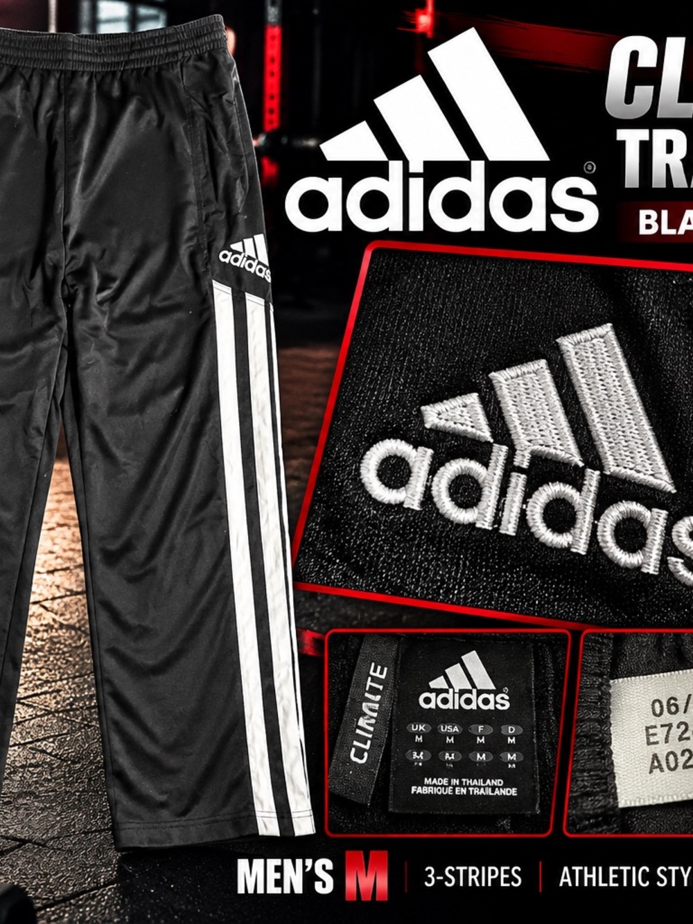 Adidas ClimaLite Track Pants Mens M Black Red White 3 Stripe Athletic Joggers